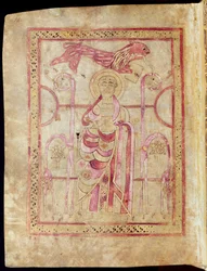 São Marcos entronizado com seu leão, a página de rosto do Evangelho de São Marcos, dos Evangelhos de Lichfield, c.